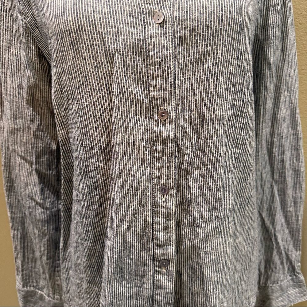 Button-Up Shirt Eileen Fisher Navy Striped Organic Cotton Hemp Mandarin Collar - Picture 6 of 15